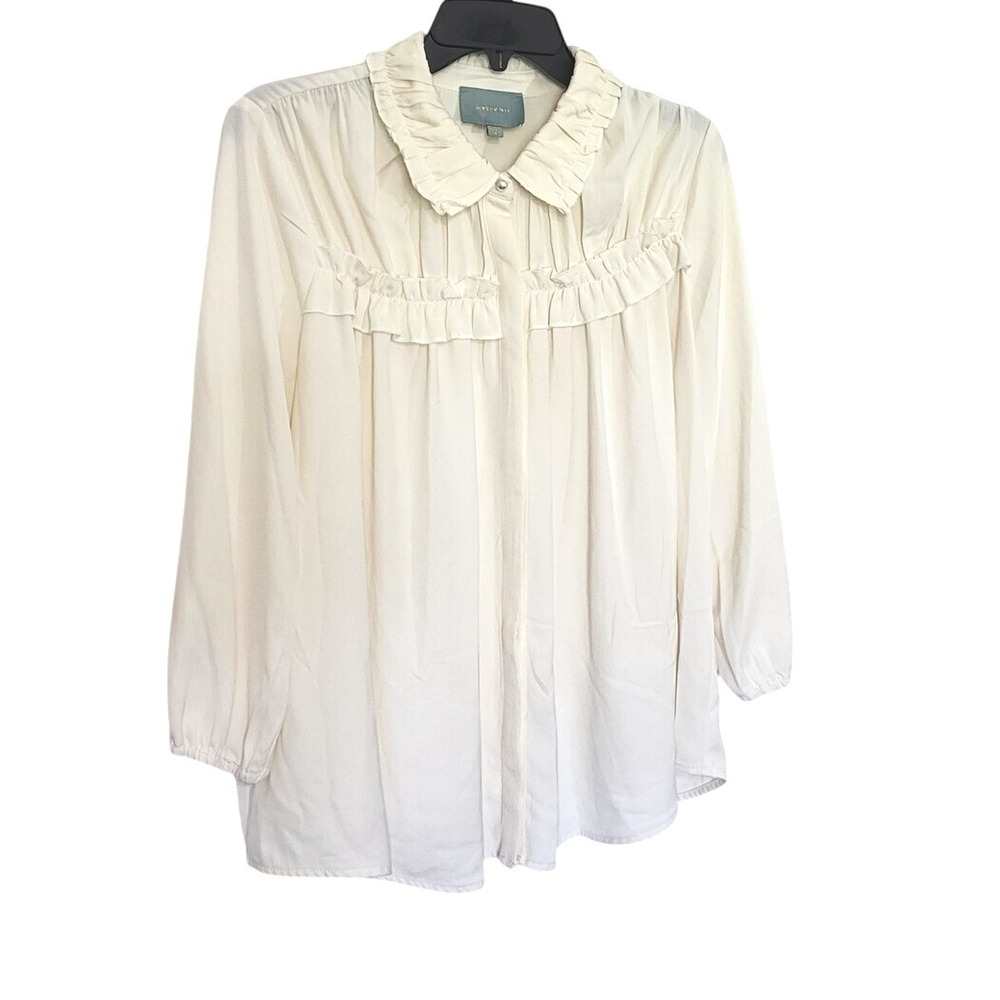 Skies Are Blue Womens Ivory Ruffle Collar Victorian 3/4 Sleeve Button Blouse Med